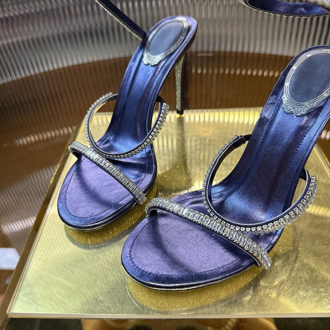 RENE CAOVILLA 26S STILETTO SANDALS 95 MM IN NAVY BLUE LAMBSKIN