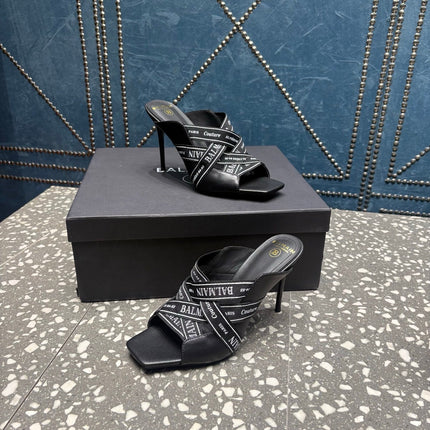 BALMAIN 26S HIGH-HEEL SANDALS 95 MM IN BLACK CALFSKIN AND FABRIC