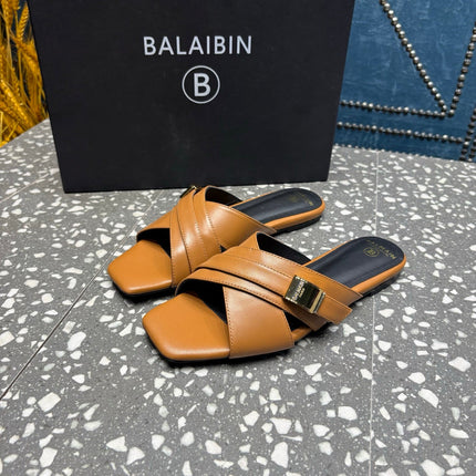 BALMAIN 26S CROSS-STRAP SLIDES IN BROWN CALFSKIN