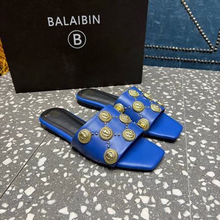 BALMAIN 26S SLIPPERS IN NAVY BLUE CALFSKIN WITH GOLD HARDWARE