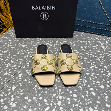 BALMAIN 26S SLIPPERS IN BEIGE CALFSKIN WITH GOLD HARDWARE