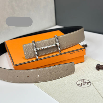 HM 26S H DANCRE BELT IN TAUPE BROWN REVERSIBLE CALFSKIN PALLADIUM HARDWARE