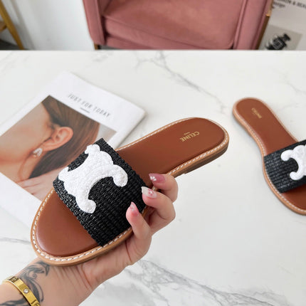 LYMPIA MULE BLACK RAFFIA AND WHITE WOOL LOGO
