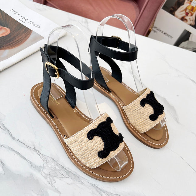 TROMPHE SANDALS BEIGE RAFFIA BLACK WOOL