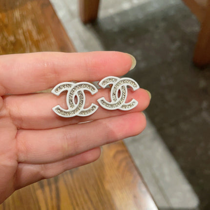 DOUBLE C STUD EARRINGS WITH WHITE TRIM AND CENTER STONE