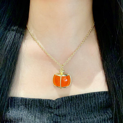 CHANEL 26S DOUBLE C LOGO ORANGE RESIN STATEMENT PENDANT NECKLACE IN GOLD METAL 629172