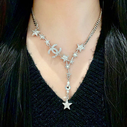 CHANEL 26S DOUBLE C LOGO STAR & PEARL DROP CHAIN NECKLACE IN SILVER METAL 629971
