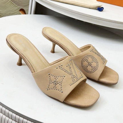 HIGH MULE IN CAMEL BEIGE LAMBSKIN WITH RHINSTONES 55 MM