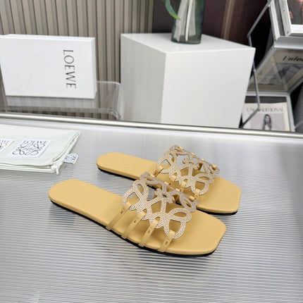 LOEWE 26S FLAT SANDALS IN WARM BEIGE CALFSKIN WITH CRYSTALS