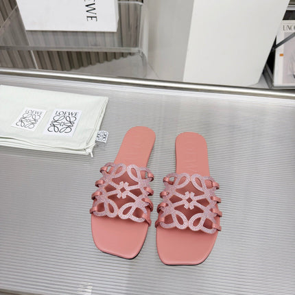 LOEWE 26S FLAT SANDALS IN PINK CALFSKIN WITH CRYSTALS