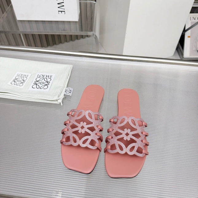 LOEWE 26S FLAT SANDALS IN PINK CALFSKIN WITH CRYSTALS