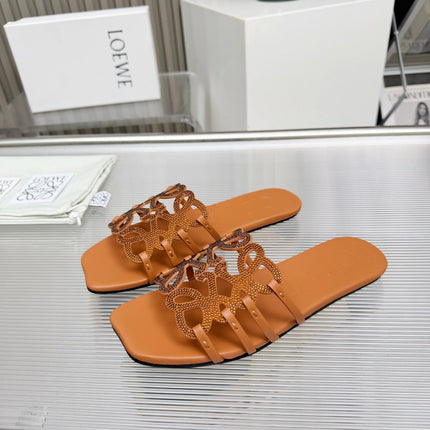 LOEWE 26S FLAT SANDALS IN BURNT ORANGE CALFSKIN WITH CRYSTALS