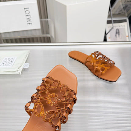 LOEWE 26S FLAT SANDALS IN BURNT ORANGE CALFSKIN WITH CRYSTALS