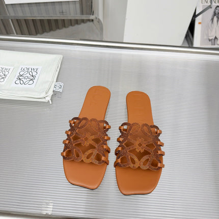 LOEWE 26S FLAT SANDALS IN BURNT ORANGE CALFSKIN WITH CRYSTALS