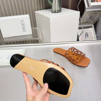 LOEWE 26S FLAT SANDALS IN BURNT ORANGE CALFSKIN WITH CRYSTALS