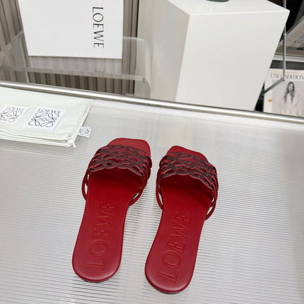 LOEWE 26S FLAT SANDALS IN DARK RED CALFSKIN WITH CRYSTALS