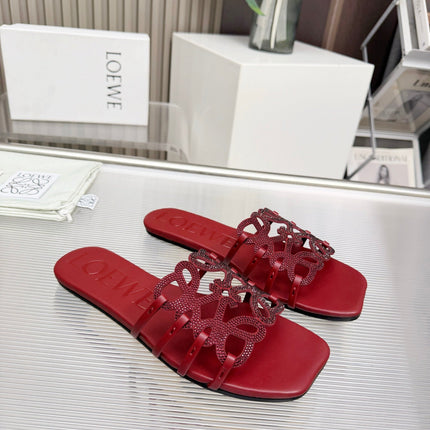 LOEWE 26S FLAT SANDALS IN DARK RED CALFSKIN WITH CRYSTALS
