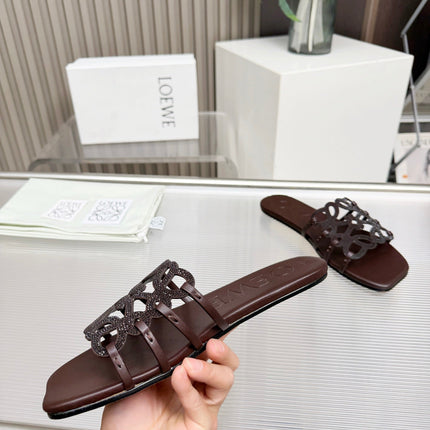 LOEWE 26S FLAT SANDALS IN DARK BROWN CALFSKIN WITH CRYSTALS