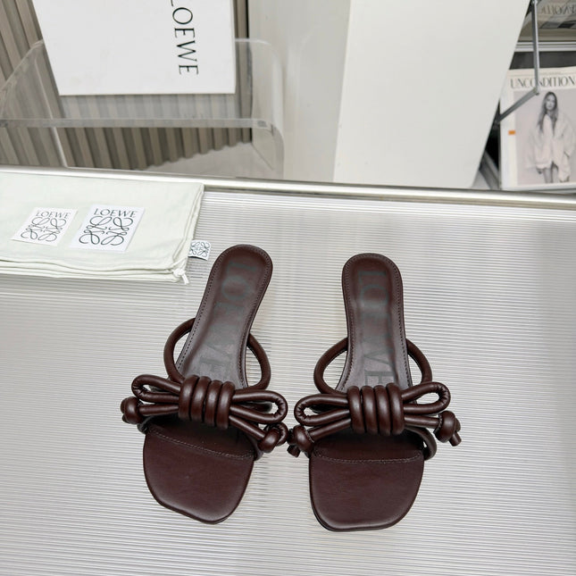 LOEWE 26S KITTEN HEEL KNOT SANDALS 45MM IN DARK BROWN CALFSKIN