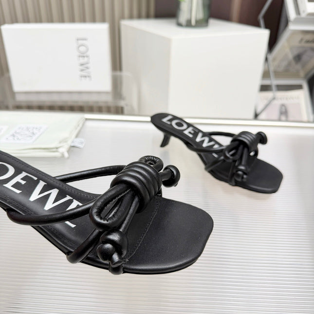 LOEWE 26S KITTEN HEEL KNOT SANDALS 45MM IN BLACK CALFSKIN