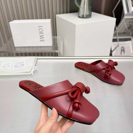 LOEWE 26S MULE LOAFERS IN BURGUNDY RED CALFSKIN KNOT DETAIL