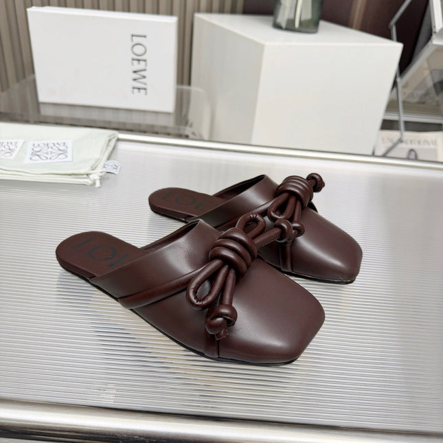 LOEWE 26S MULE LOAFERS IN DARK BROWN CALFSKIN KNOT DETAIL