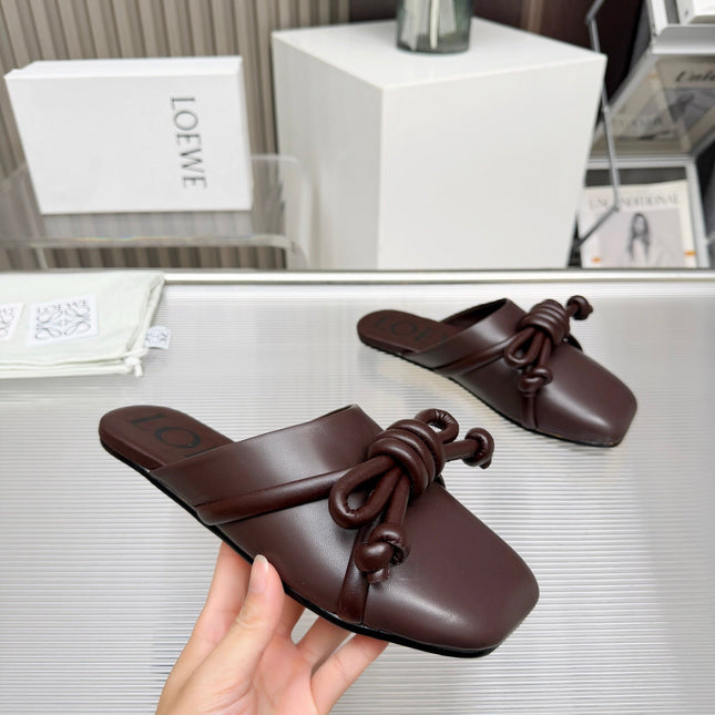 LOEWE 26S MULE LOAFERS IN DARK BROWN CALFSKIN KNOT DETAIL