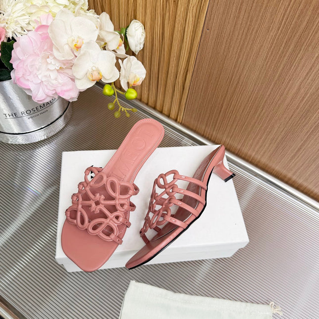 LOEWE 26S PETAL ANAGRAM KITTEN HEEL SANDALS 45MM IN PINK SOFT CALFSKIN