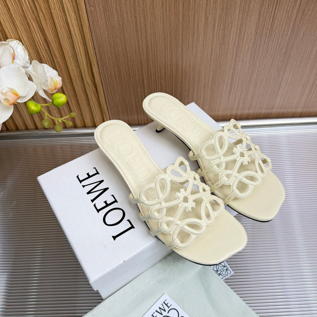 LOEWE 26S PETAL ANAGRAM KITTEN HEEL SANDALS 45MM IN CREAM WHITE SOFT CALFSKIN