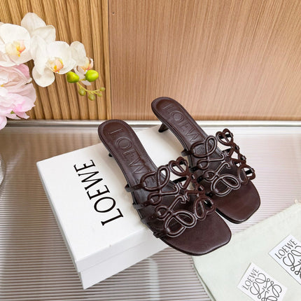 LOEWE 26S PETAL ANAGRAM KITTEN HEEL SANDALS 45MM IN DARK BROWN SOFT CALFSKIN