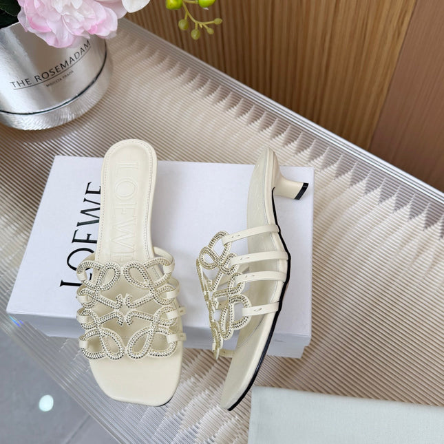 LOEWE 26S PETAL ANAGRAM SLIDE 45MM IN CREAM WHITE SOFT CALFSKIN WITH CRYSTALS
