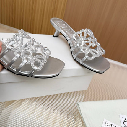 LOEWE 26S PETAL ANAGRAM SLIDE 45MM IN SILVER SOFT CALFSKIN WITH CRYSTALS