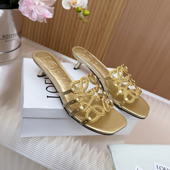 LOEWE 26S PETAL ANAGRAM SLIDE 45MM IN GOLD SOFT CALFSKIN WITH CRYSTALS
