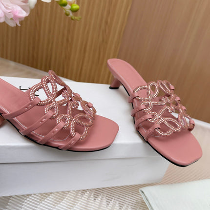 LOEWE 26S PETAL ANAGRAM SLIDE 45MM IN PINK SOFT CALFSKIN WITH CRYSTALS