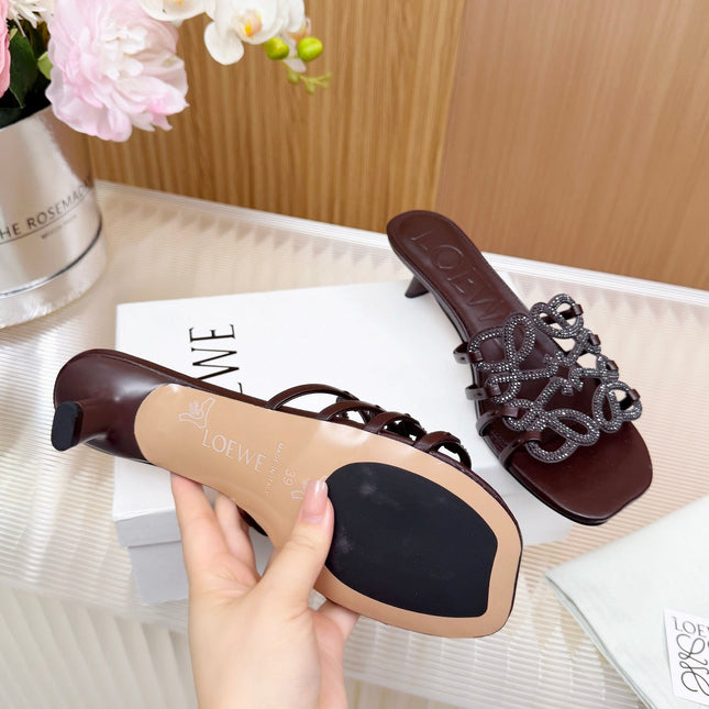 LOEWE 26S PETAL ANAGRAM SLIDE 45MM IN DARK BROWN SOFT CALFSKIN WITH CRYSTALS