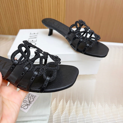 LOEWE 26S PETAL ANAGRAM SLIDE 45MM IN BLACK SOFT CALFSKIN WITH CRYSTALS