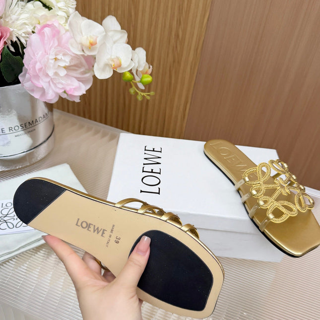 LOEWE 26S FLAT SANDALS IN GOLD CALFSKIN WITH CRYSTALS