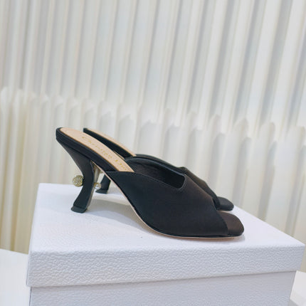 DIOR EMBELLISHED HIGH HEEL SLIDES 25S IN BLACK SATIN