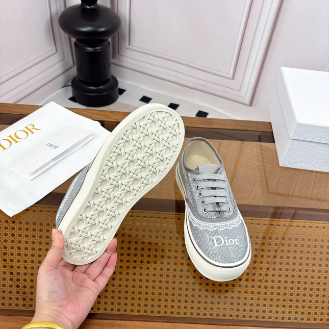 DIOR 26S LOW TOP SNEAKERS IN GREY CANVAS WITH WHITE LACE TRIM & LOGO PRINT