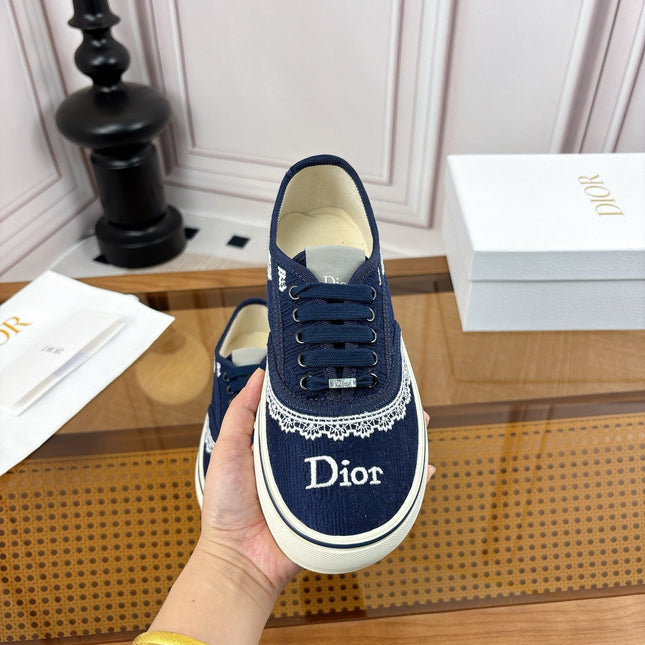 DIOR 26S LOW TOP SNEAKERS IN NAVY BLUE CANVAS WITH WHITE LACE TRIM & LOGO PRINT