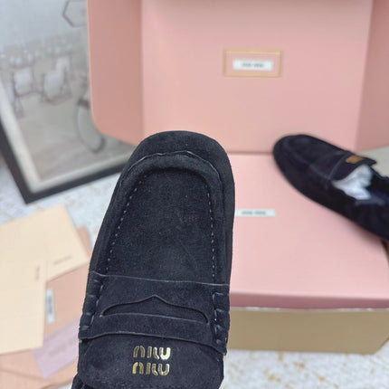 MIUMIU 25S NAPPA LOAFERS IN BLACK SUEDE