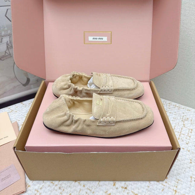 MIUMIU 25S NAPPA LOAFERS IN BEIGE SUEDE