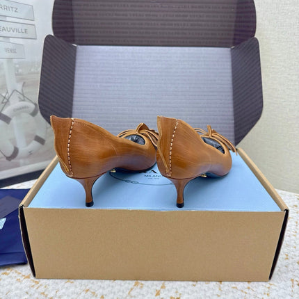 PRADA 26S ANTIQUED LEATHER PUMPS 55MM IN TAN BROWN CALFSKIN