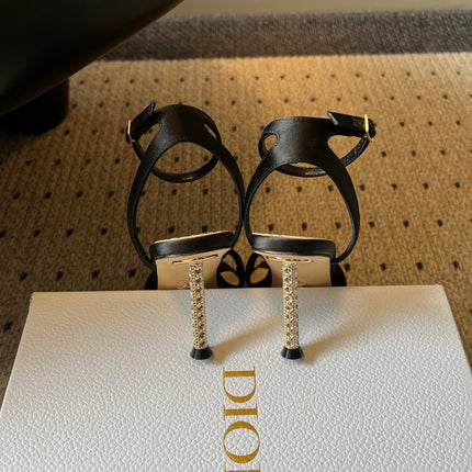 DIOR 26S CRYSTAL HIGH-HEEL SANDALS 80 MM IN BLACK LAMBSKIN AND FABRIC