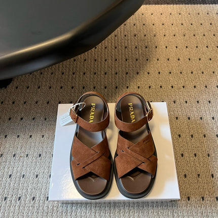 PRADA 26S CROSS STRAP PLATFORM SANDALS 35MM IN BROWN SUEDE