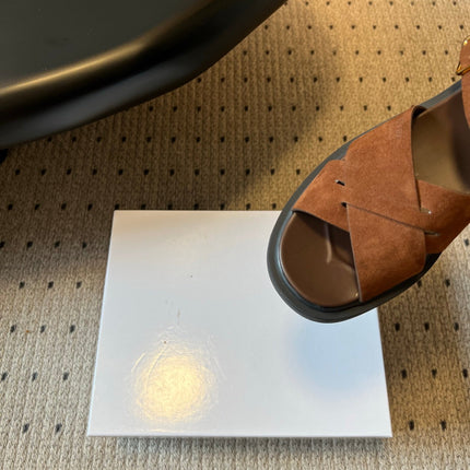 PRADA 26S CROSS STRAP PLATFORM SANDALS 35MM IN BROWN SUEDE