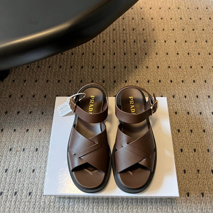PRADA 26S CROSS STRAP PLATFORM SANDALS 35MM IN DARK BROWN CALFSKIN