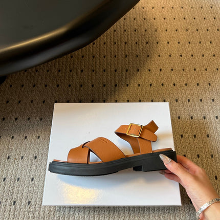 PRADA 26S CROSS STRAP PLATFORM SANDALS 35MM IN BROWN CALFSKIN