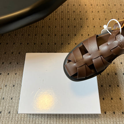 PRADA 26S ANKLE STRAP FISHERMAN SANDALS IN DARK BROWN CALFSKIN