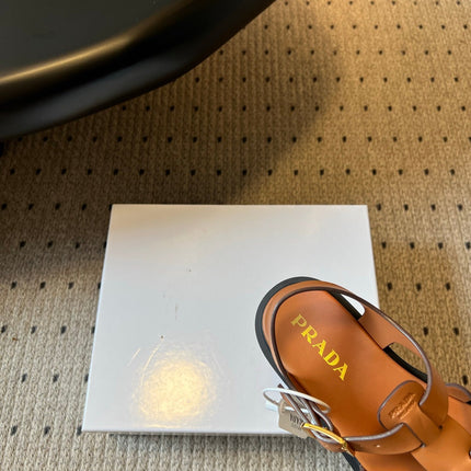 PRADA 26S ANKLE STRAP FISHERMAN SANDALS IN BROWN CALFSKIN